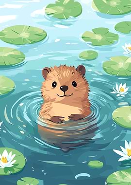 Cute Otter in Pond Illustration