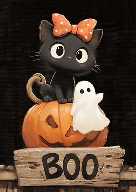 Cute Halloween Cat with Ghost and Pumpkin