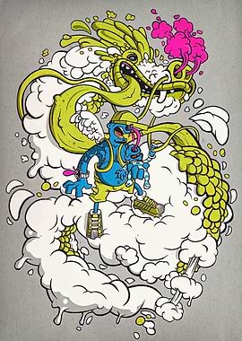 Cartoon Dragon and Blue Character Art