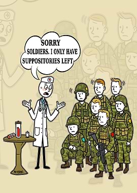 Cartoon doctor with soldiers and suppositories