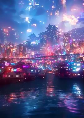 Cyberpunk Cityscape with Asian Architecture