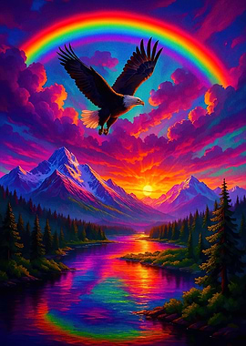 Eagle Soaring Rainbow Landscape
