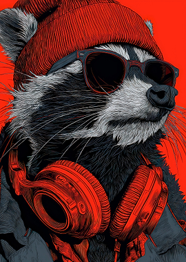 Cool Raccoon with Headphones and Beanie