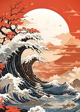 Japanese Wave Art with Mountain Backdrop