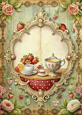 Strawberry Tea Party in Ornate Frame