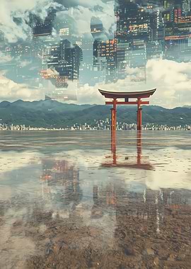 Japanese Torii Gate with City Reflection