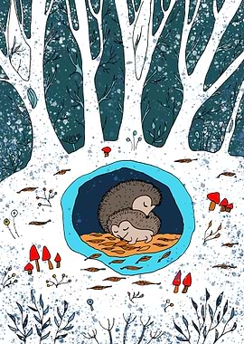 Sleeping Hedgehogs in Forest Illustration