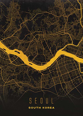 Golden Map of Seoul - Modern South Korea City Wall Art