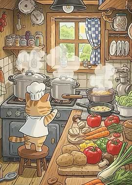 Cat Chef Cozy Kitchen Scene