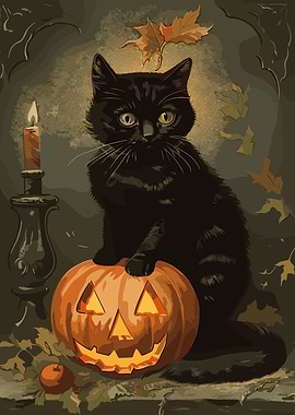 Black Cat on Pumpkin Halloween Illustration #HalloweenChallenge