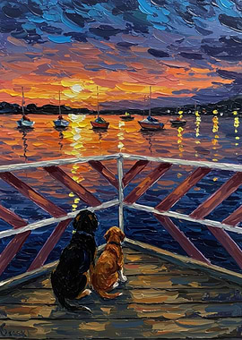 Dogs watching sunset over the sea