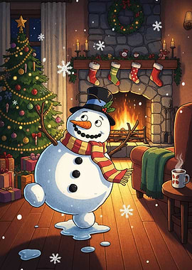 Festive Snowman by Fireplace Christmas Scene