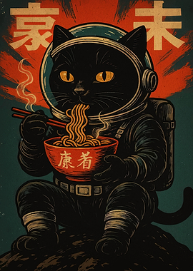 Astronaut Cat Eating Ramen Illustration