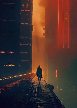 Cyberpunk Cityscape with Solitary Figure