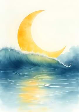Crescent Moon Wave Watercolor Painting