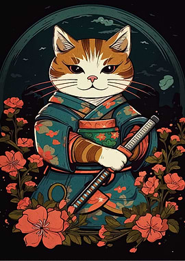 Samurai Cat in Kimono with Sword