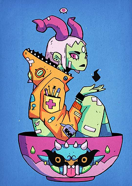 Horned Character in Bowl Digital Art