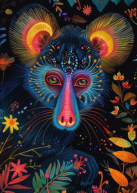 Neon Mandrill Portrait with Floral Accents