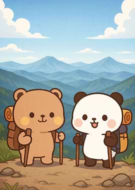 Cartoon Bears Hiking Mountains
