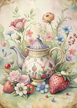 Floral Teapot and Strawberry Watercolor Painting