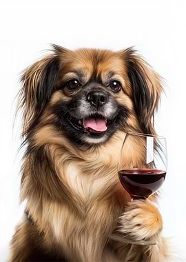 Tibetan Spaniel dog with Wine Glass Portrait