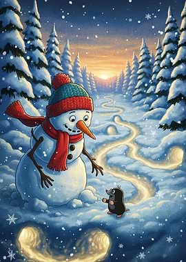 Snowman and Mole in Winter Landscape