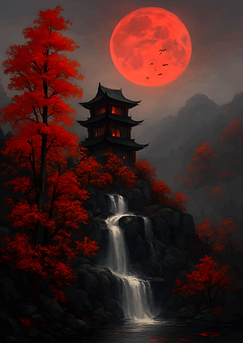 Japanese Pagoda with Red Moon
