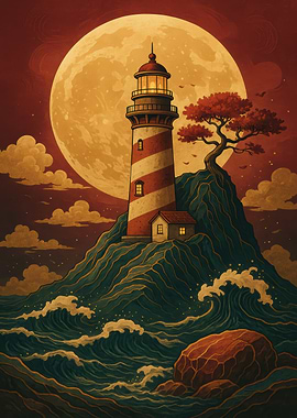 Lighthouse by the Sea at Night