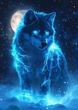 Electric Blue Wolf in Snowy Night