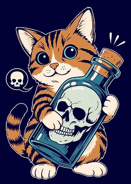 Cute Cat with Skull Poison Bottle