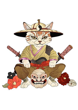 Samurai Cat with Mask and Swords