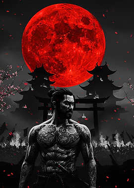 Tattooed Samurai Under Red Moon