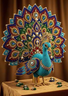 Beaded Peacock Figurine with Jewel Accents