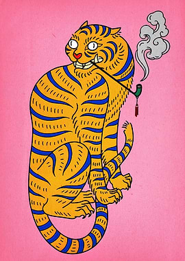 Cartoon Tiger Smoking Pipe on Pink