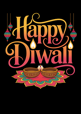 Happy Diwali Illustration with Lamps and Text