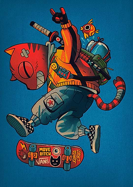 Skateboarding Cat with Fish and Sword