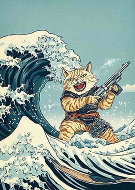 Samurai Cat Riding Wave Gun