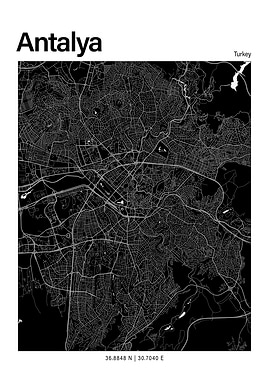 Antalya Black and White Map