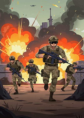 Soldiers in Action with Explosions