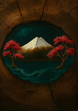 Mount Fuji through a tree trunk