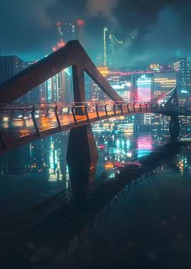 Futuristic Cityscape with Bridge Reflection