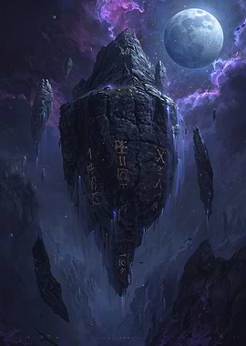 Floating Island with Runes and Moon- Dark Fantasy Art