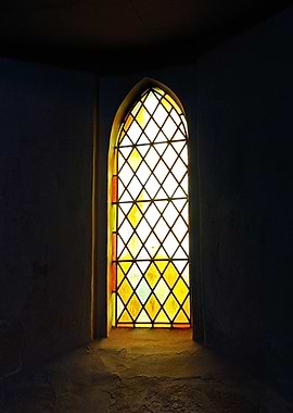 Stained Glass Window in Dark Room