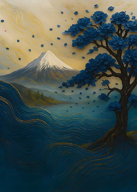 Mount Fuji and Blue Tree Painting