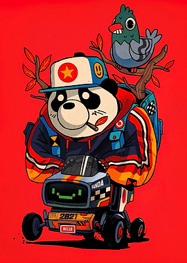Panda on Wheels with Pigeon Friend