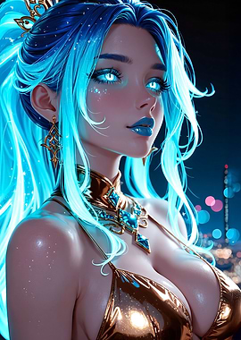 Blue-haired woman with golden attire