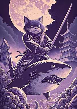 Samurai Cat Riding Shark