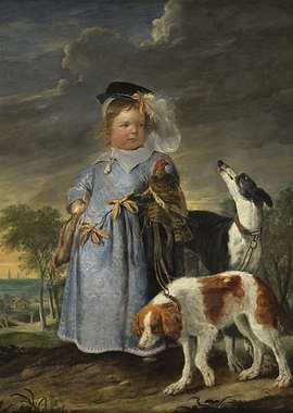 Boy with Falcon and Two Dogs