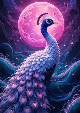 Peacock under a moon