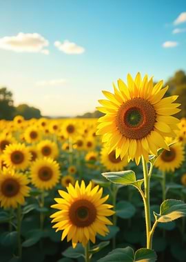 Sunflower field under a blue sky